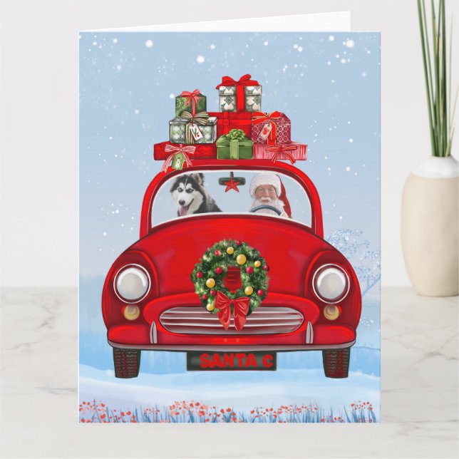 Carte Chien Husky Sibérien Dans Une Voiture Avec Le Père (Devant)