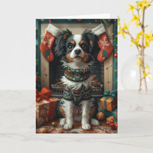 Carte Chien Japonais Chin Avec Cadeaux De Noël Cheminée
