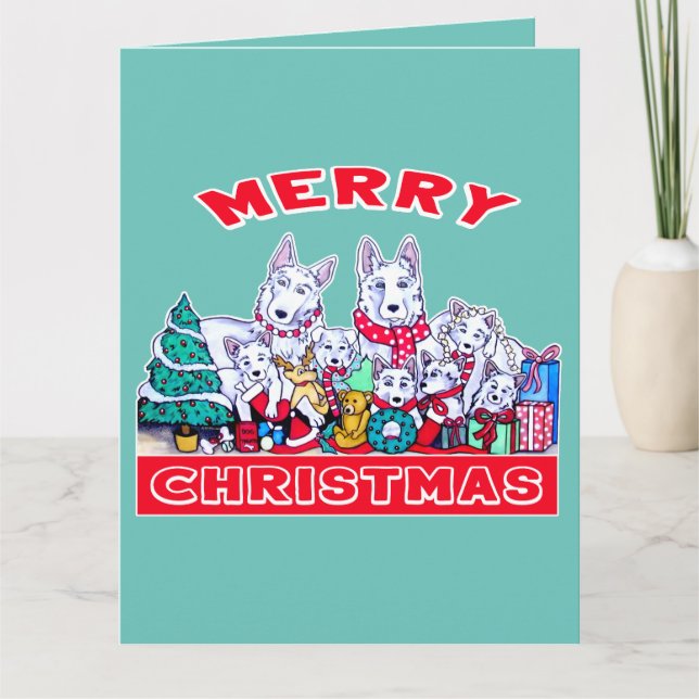 Carte Chien Joyeux Noël Blanc Berger Fête GSD Fun (Devant)