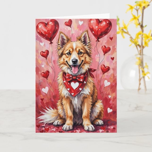 Carte Chien Keeshond de la Saint-Valentin assis avec des (Fleur jaune)