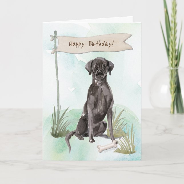 Carte Chien Lab noir sous un panneau d'anniversaire (Devant)