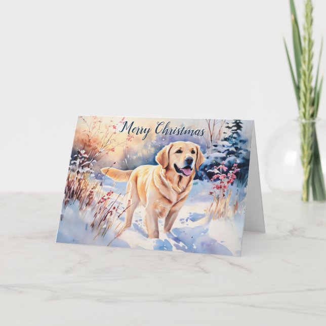 Carte Chien Labrador à l'aquarelle dans la neige Joyeux  (Devant)