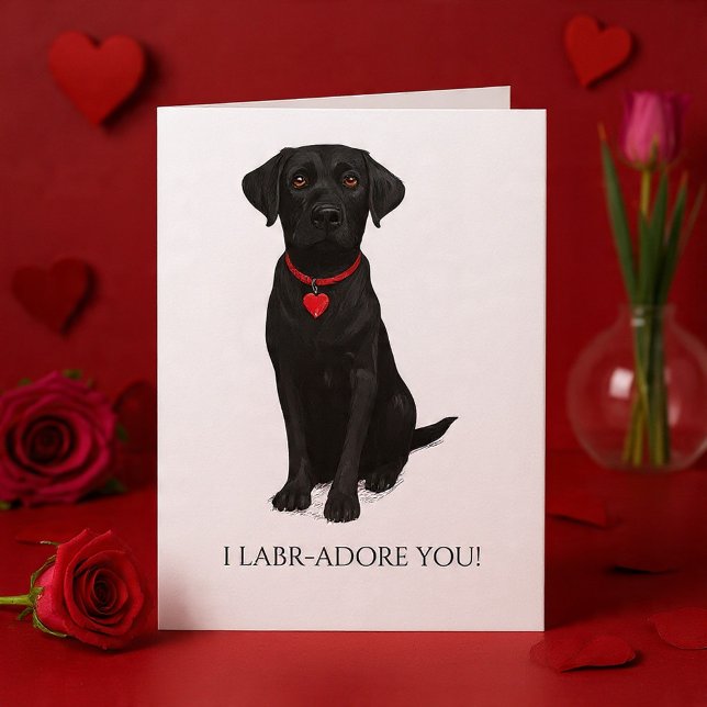 Carte Chien Labrador avec cœur d'amour Adore Vous (Labrador Dog With Love Heart Adore You Card by Ricaso - Cute black lab pup ideal for valentines)