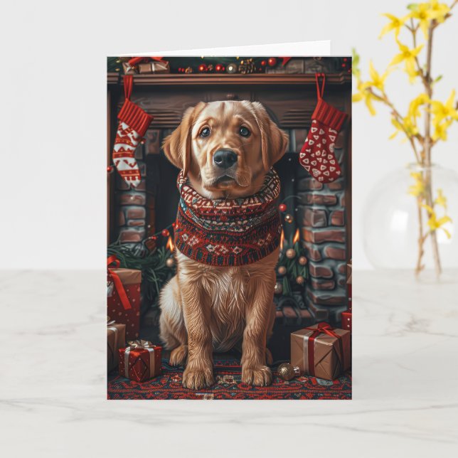 Carte Chien Labrador avec des cadeaux de Noël Cheminée (Fleur jaune)