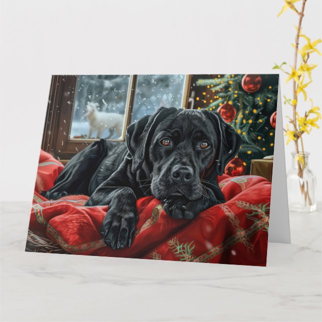 Carte Chien Labrador Noir Noël Festif (Fleur jaune)