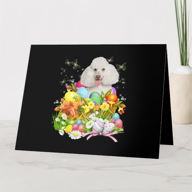 Carte Chien Lapin Caniche Blanc Avec Panier d'Oeufs de P (Devant)