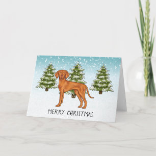 Carte Chien Magyar Vizsla Forêt enneigée d'hiver et text