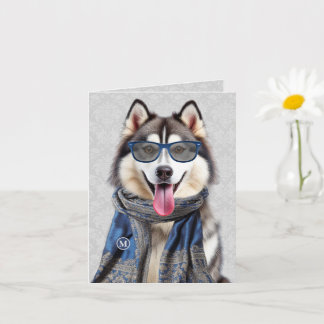 Carte Chien Malamute avec monogramme à motif bleu gris