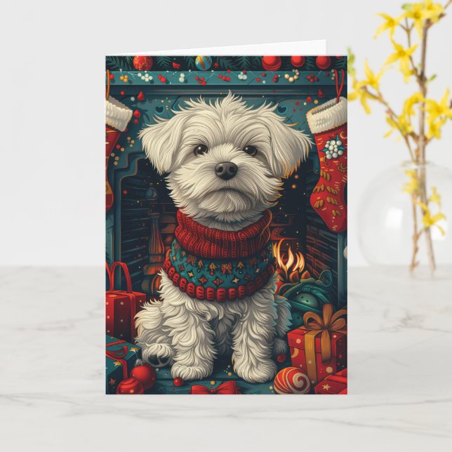 Carte Chien maltais avec cadeaux de Noël cheminée (Fleur jaune)