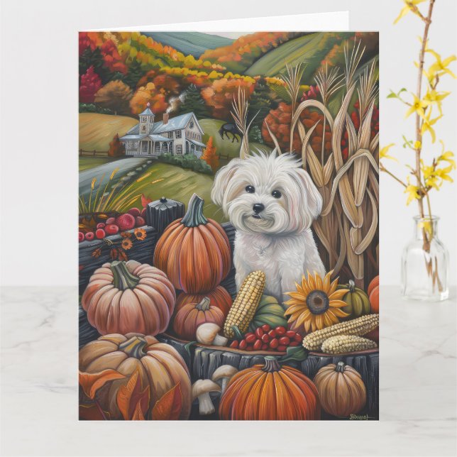 Carte Chien maltais, récolte d'automne, Action de grâce (Fleur jaune)