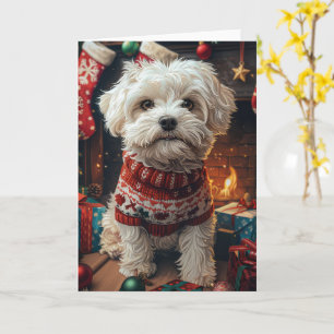 Carte Chien Malti Tzu avec cadeaux de Noël Cheminée