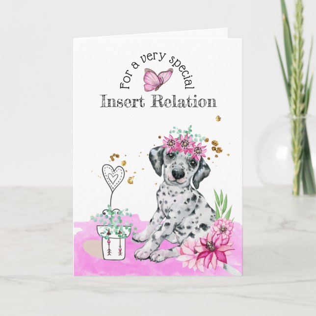 Carte Chien mignon à coeur floral d'anniversaire filles  (Devant)