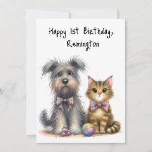 Carte Chien mignon et chat personnalisé Joyeux 1er anniv
