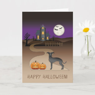 Carte Chien mignon Noir Et Maison Hantée Halloween Hallo