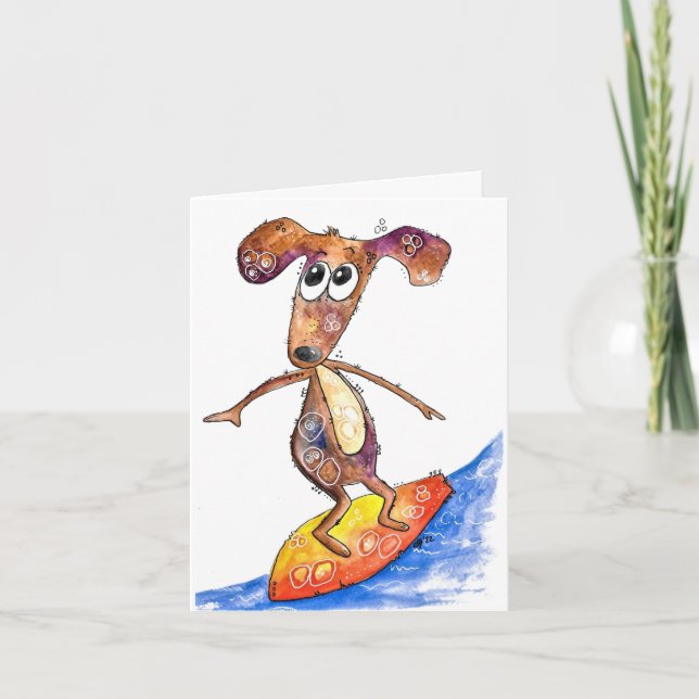 Carte Chien mignon Whimsical sur Surboard (Devant)