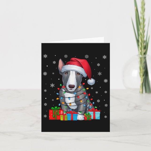 Carte Chien Moche Noël Éclairage Santa Hat Bull Terrier  (Devant)