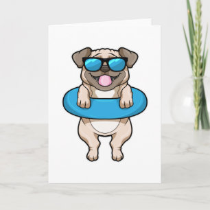 Carte Chien nageant avec bouée et lunettes de soleil