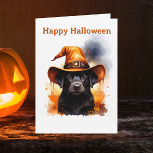 Carte Chien noir fantaisiste Chapeau de sorcière orange