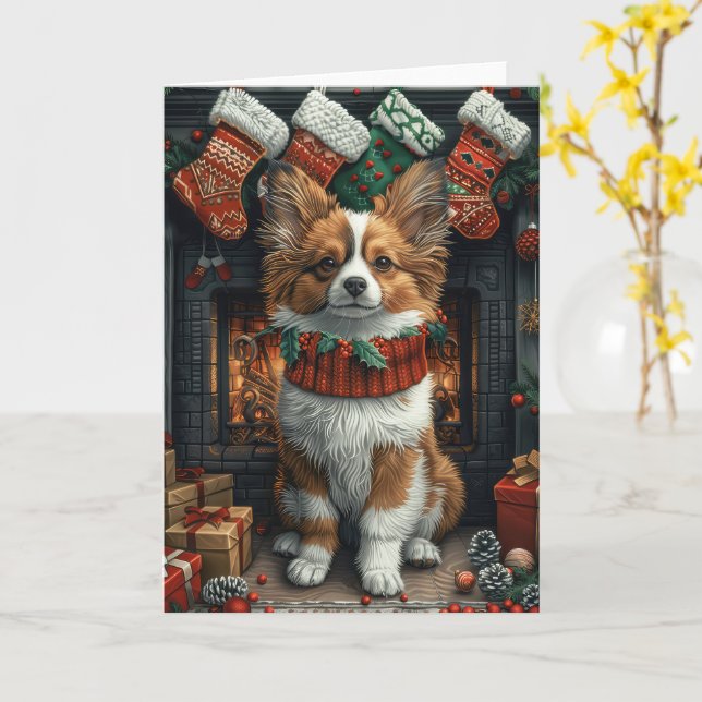 Carte Chien Papillon avec des cadeaux de Noël Cheminée (Fleur jaune)