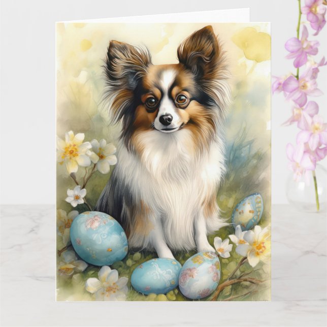 Carte Chien Papillon avec œufs de Pâques Vacances (Orchidée)
