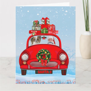 Carte Chien Papillon dans une voiture avec le Père Noël
