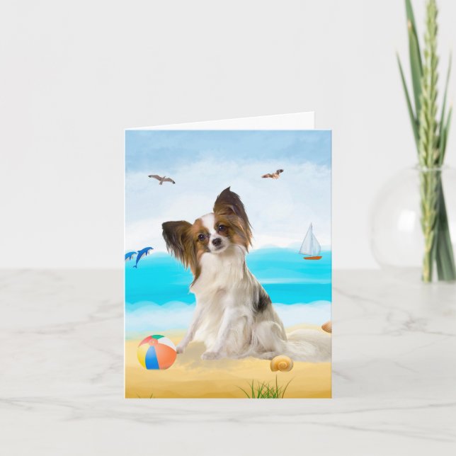 Carte Chien Papillon sur la Plage (Devant)