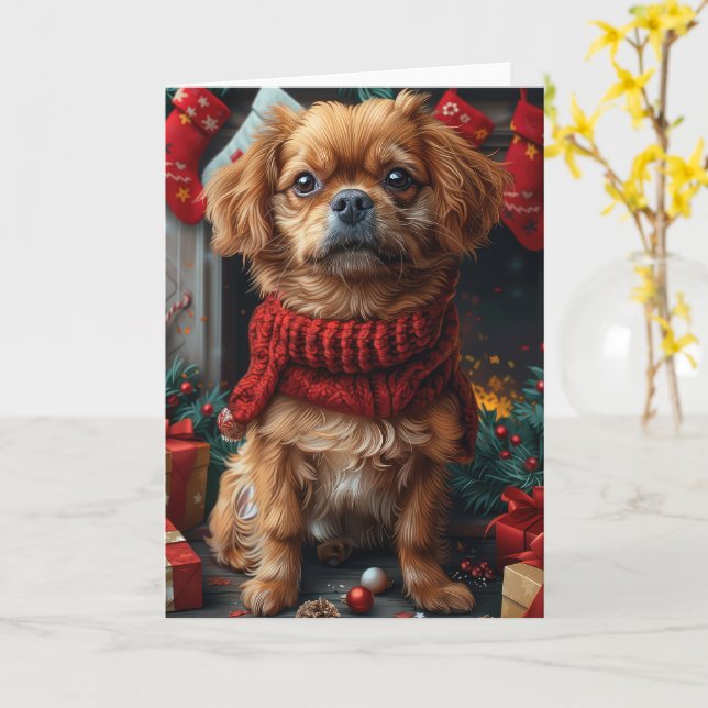 Carte Chien Pékinois avec cheminée de cadeaux de Noël (Fleur jaune)