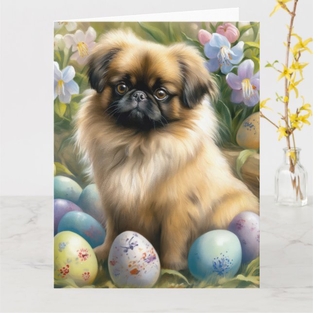 Carte Chien Pékinois avec Vacances d'Œufs de Pâques  (Fleur jaune)