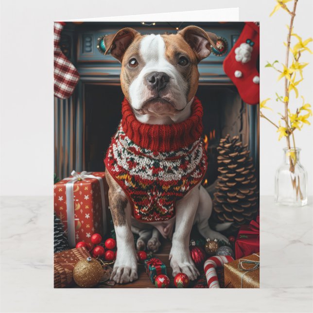 Carte Chien Pitbull avec des cadeaux de Noël Cheminée (Fleur jaune)