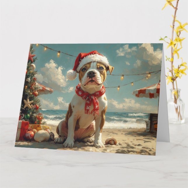 Carte Chien Pitbull Noël Vintage Plage (Fleur jaune)