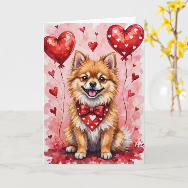 Carte Chien Pomeranian de la Saint-Valentin avec des cœu (Fleur jaune)