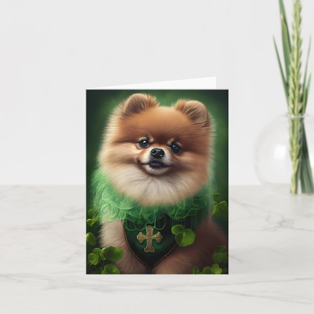 Carte Chien Pomeranian en tenue de la Saint-Patrick (Devant)