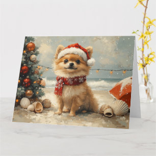 Carte Chien Poméranie Noël Vintage Plage