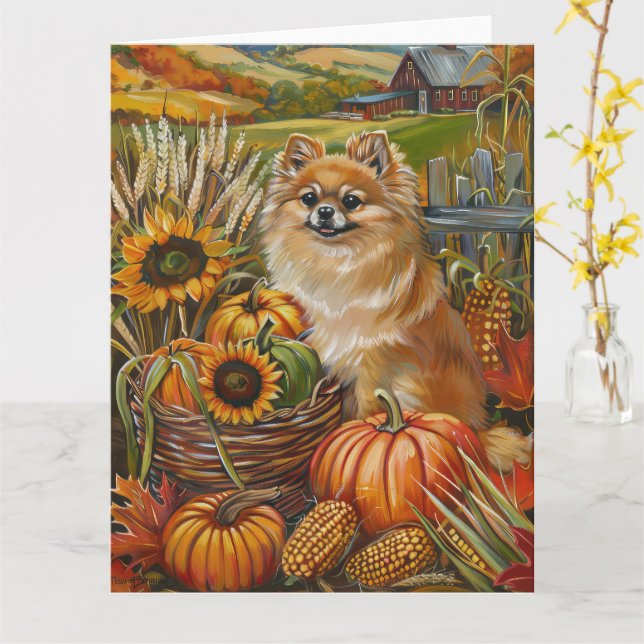 Carte Chien Poméranie récolte d'automne Thanksgiving (Fleur jaune)