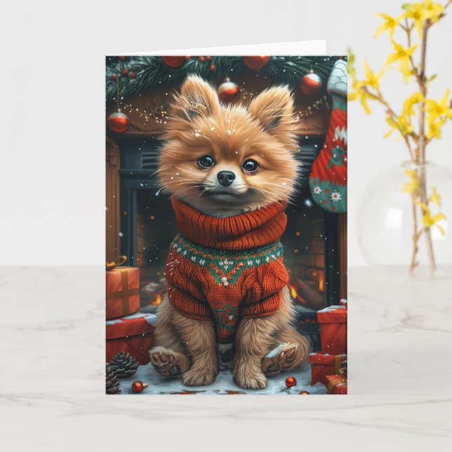 Carte Chien Poméranien avec des cadeaux de Noël cheminée (Fleur jaune)