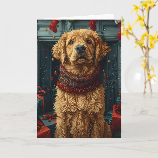 Carte Chien Retriever doré avec cheminée de cadeau de No (Fleur jaune)