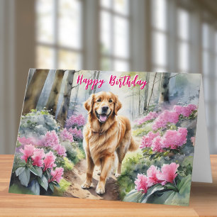 Carte Chien Retriever doré Fleurs roses Joyeux Anniversa