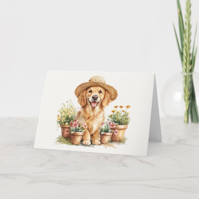 Carte Chien Retriever Doré Jardinage Pots de Fleurs (Devant)