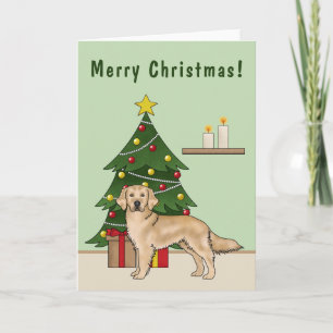 Carte Chien Retriever doré jaune et arbre de Noël festif