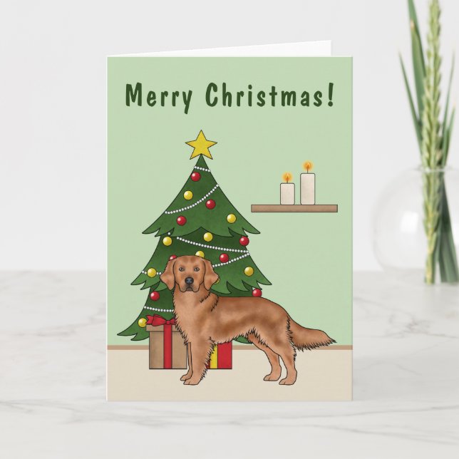 Carte Chien Retriever doré rouge et arbre de Noël vert (Devant)