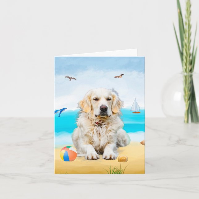 Carte Chien Retriever Doré sur la Plage (Devant)