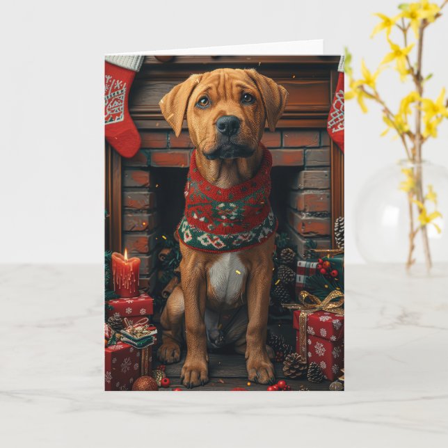 Carte Chien Rhodesian Ridgeback avec cadeaux de Noël  (Fleur jaune)