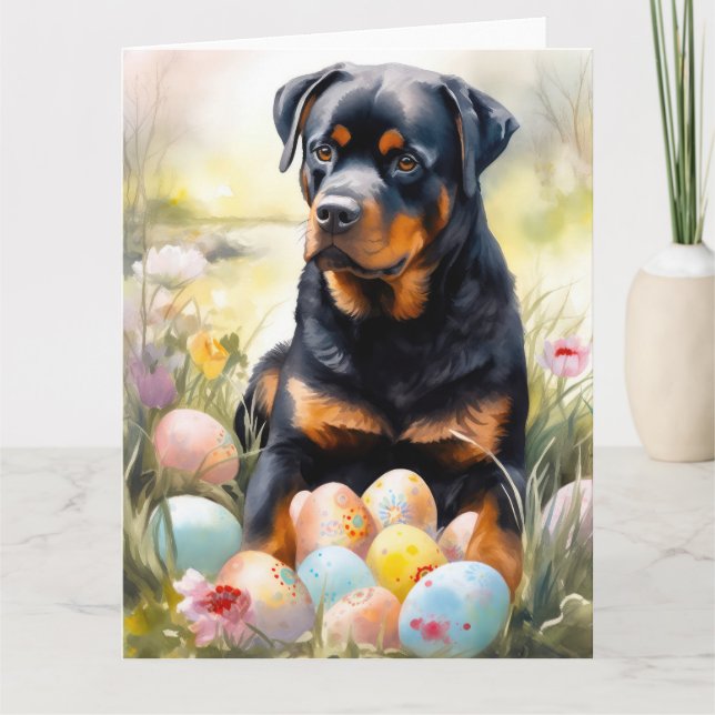Carte Chien Rottweiler avec œufs de Pâques Vacances  (Devant)