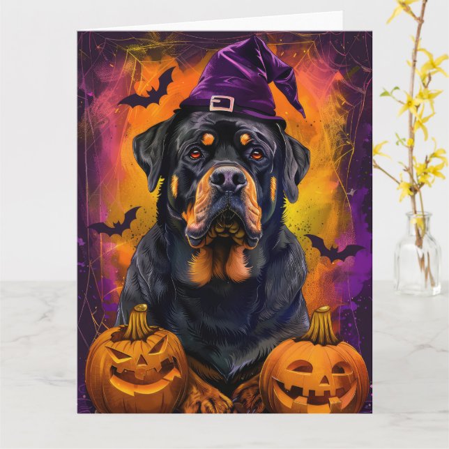 Carte Chien Rottweiler Effrayant Halloween Sorcière et C (Fleur jaune)