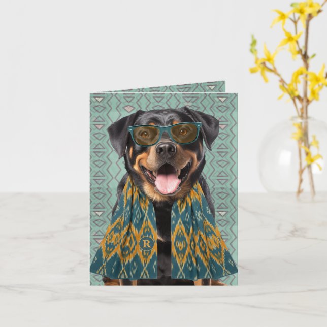 Carte Chien Rottweiler Monogramme Turquoise et Jaune (Fleur jaune)