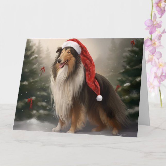 Carte Chien Rough Collie dans la neige de Noël (Orchidée)