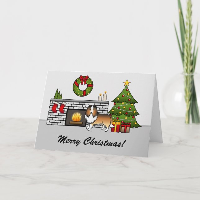 Carte Chien Sable Sheltie Dans Une Pièce De Noël & Texte (Devant)