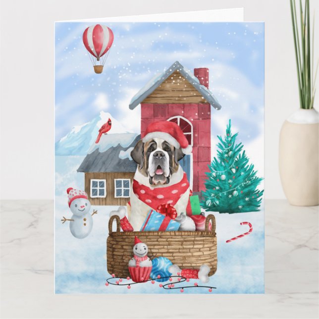 Carte Chien Saint-Bernard dans la maison de Noël enneigé (Devant)