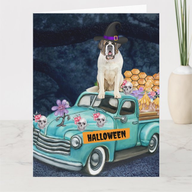 Carte Chien Saint-Bernard Halloween Camion Nuit Effrayan (Devant)