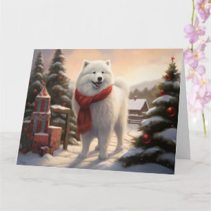 Carte Chien Samoyé à Noël de neige
